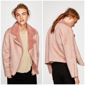 NWOT Zara Pink Shearling Motorcycle Jacket, S
